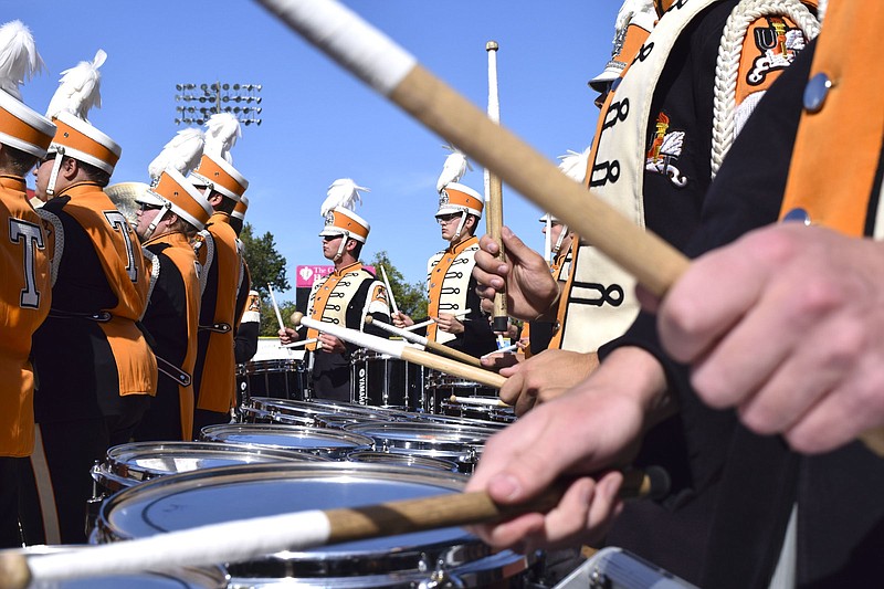 Staff Photo by Robin Rudd/ The University of Tennessee's Pride of the Southland Band percussionists perform on a variety of instruments in Chattanooga during a stop on the way to Tuscaloosa on October 18, 2019.