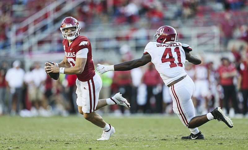 Cade Fortin took over at quarterback for the final 12 snaps of Arkansas’ loss to Alabama last Saturday. Starter KJ Jefferson’s status for Saturday’s game at No. 23 Mississippi State remains unclear. “Whether he plays or not is still waiting to be seen,” Razorbacks Coach Sam Pittman said Wednesday. “We’ve got a few more days to figure that out.”
(NWA Democrat-Gazette/Charlie Kaijo)