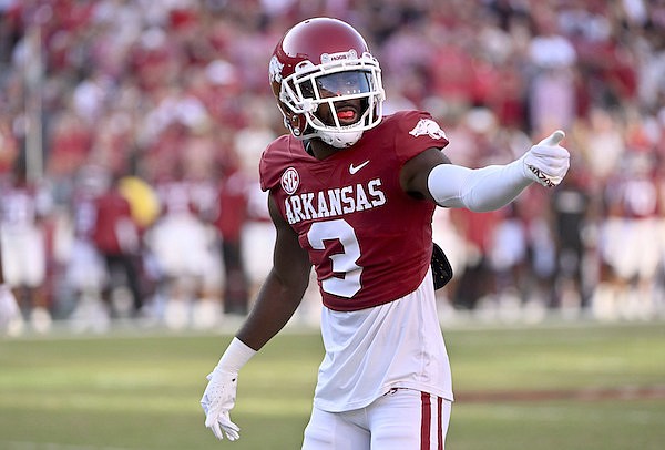 Arkansas defensive back Dwight McGlothern (3) against Missouri State during an NCAA college football game Saturday, Sept. 17, 2022, in Fayetteville, Ark. (AP Photo/Michael Woods)