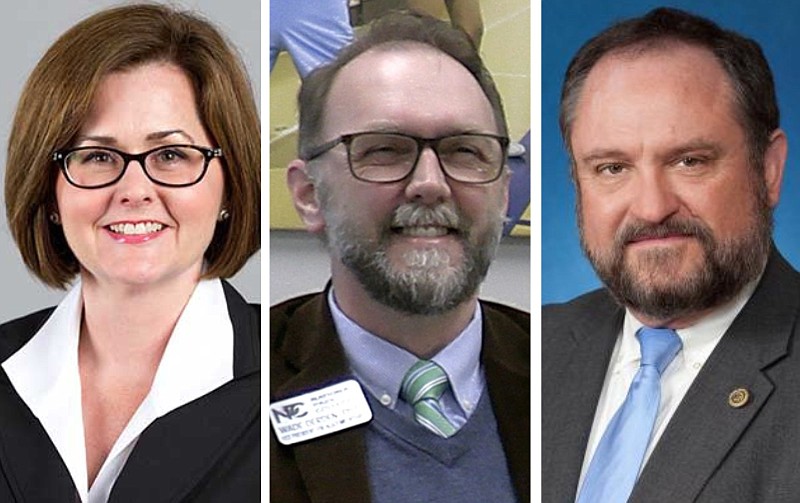 Candidates to be the next chancellor at the University of Arkansas-Pulaski Technical College are shown in this undated combination photo. From left are Summer DeProw, the university's provost/vice chancellor for academic and student affairs; Wade Derden, vice president for academic affairs at National Park College in Hot Springs; and Ted A. Lewis, provost/vice president of academic and student affairs at Bluefield State University in West Virginia. (Left, right, courtesy photos; center, Hot Springs Sentinel-Record file photo)