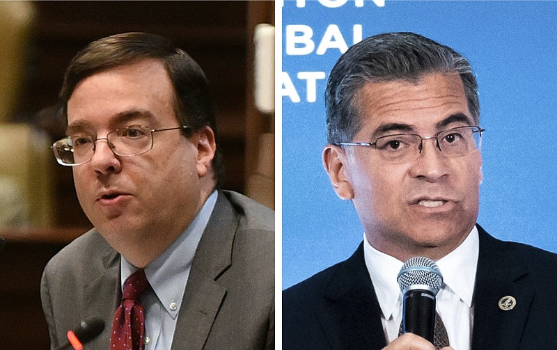 Mark White (left), the deputy director of the Arkansas Department of Human Services, and U.S. Health and Human Services Secretary Xavier Becerra are shown in these September 2022 file photos. (Left, Arkansas Democrat-Gazette/Staci Vandagriff; right, AP/Julia Nikhinson)