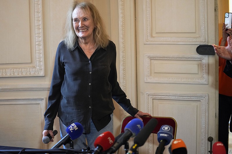 French author Annie Ernaux arrives for a news conference Thursday in Paris after being awarded the 2022 Nobel Prize in literature. Ernaux, 82, was cited for “the courage and clinical acuity with which she uncovers the roots, estrangements and collective restraints of personal memory,” the Nobel committee said.
(AP/Michel Euler)