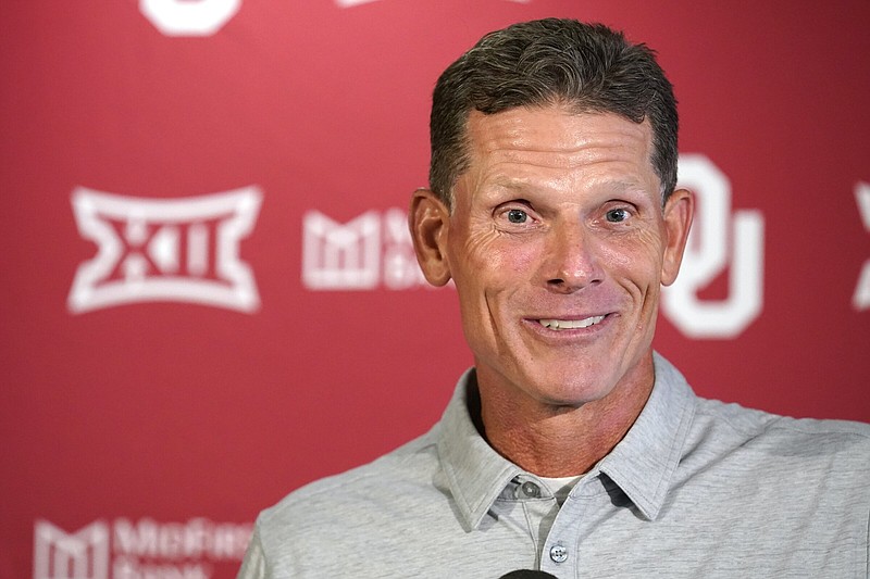 Oklahoma head coach Brent Venables speaks during an NCAA college football news conference, Tuesday, Sept. 6, 2022, in Norman, Okla. Oklahoma defeated UTEP 45-13 on Saturday for Venables' first career victory as a head coach. 
(AP Photo/Sue Ogrocki)