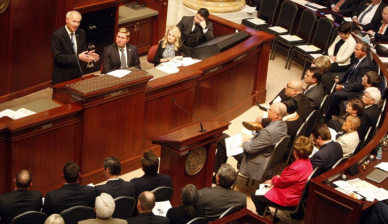 Gov. Asa Hutchinson addresses lawmakers during a special session of the Legislature in Little Rock in this May 1, 2017 file photo. (Arkansas Democrat-Gazette file photo)