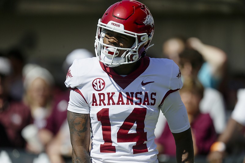 Arkansas wide receiver Bryce Stephens (14) reacts after scoring a touchdown, Saturday, October 8, 2022 during the third quarter of a football game at Davis Wade Stadium in Starkville. Visit nwaonline.com/221009Daily/ for today's photo gallery...(NWA Democrat-Gazette/Charlie Kaijo)