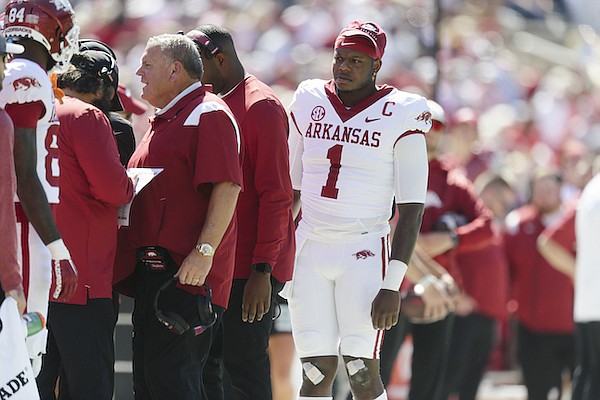 Arkansas quarterback KJ Jefferson (1) watches from the sideline during a game against Mississippi State on Saturday, Oct. 8, 2022, in Starkville, Miss.