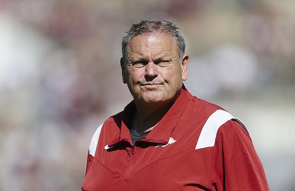 Arkansas coach Sam Pittman is shown prior to a game against Mississippi State on Saturday, Oct. 8, 2022, in Starkville, Miss.