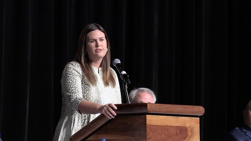 FILE — Sarah Huckabee Sanders speaks to the attendees of the Association of Arkansas Counties 54th Annual Conference in this August 12, 2022 file photo.