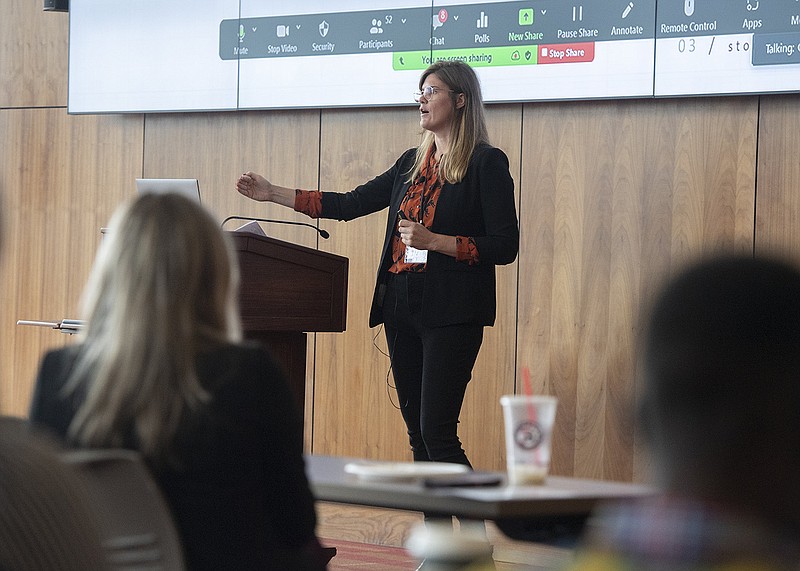 Leonie Jacobs, assistant professor at Virginia Tech, speaks Wednesday during the 8th annual Center for Food Animal Wellbeing symposium in Fayetteville.
(NWA Democrat-Gazette/J.T. Wampler)