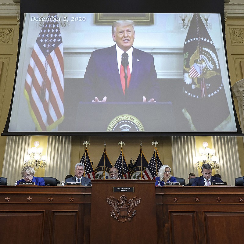 A monitor displays video of then-President Donald Trump during the House select committee hearing Thursday on Capitol Hill. “There is no defense that Donald Trump was duped or irrational,” panel member Liz Cheney said. “No president can defy the rule of law and act this way in our constitutional republic, period.” More photos at arkansasonline.com/1014jan6/.
(AP/Alex Wong)