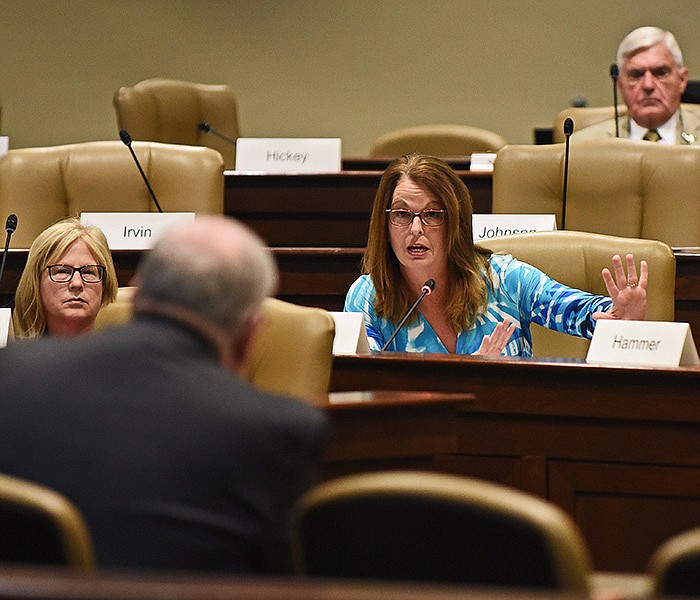 Rep. Julie Mayberry asks a question Friday during the Legislative Joint Auditing Committee meeting at the state Capitol.
(Arkansas Democrat-Gazette/Staci Vandagriff)