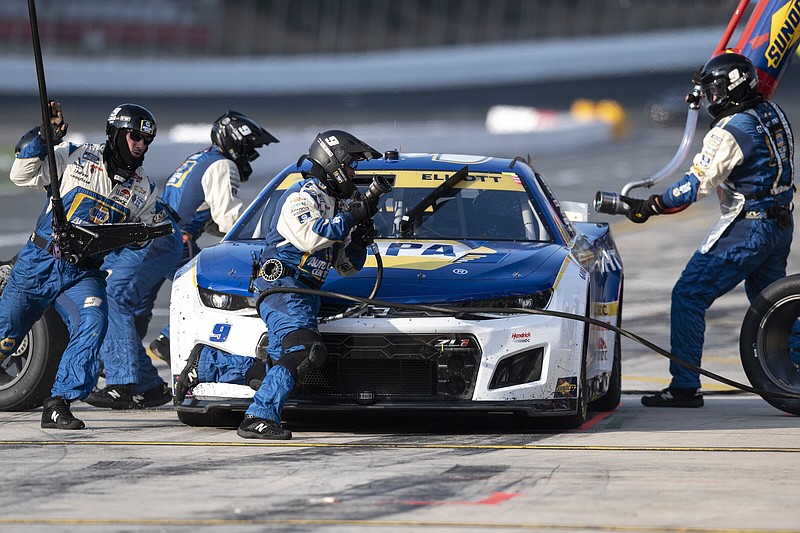 Chase Elliott’s pit crew completes a stop during a NASCAR Cup Series race at Charlotte Motor Speedway earlier this month in Concord, N.C. Conversations regarding the safety of drivers with the Next Gen car and the business model of the series drawing attention away from the playoffs which begins its third round on Sunday.
(AP/Matt Kelley)