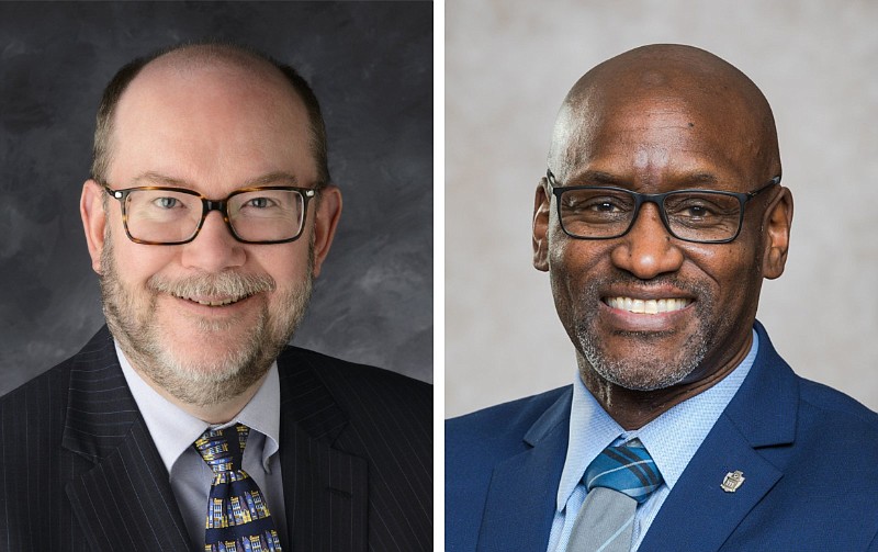 Daniel A. Reed (left), the former senior vice president for academic affairs at the University of Utah, and Charles F. Robinson, interim chancellor of the University of Arkansas, Fayetteville, are shown in these undated courtesy photos. The two men were announced in October 2022 as the two finalists for the UA chancellor's post. (Courtesy photos)