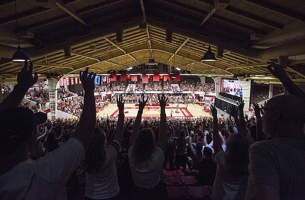 Arkansas fans call the Hogs during the basketball Red-White Game on Saturday, Oct. 5, 2019, at Barnhill Arena in Fayetteville.