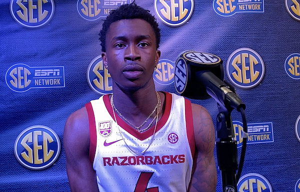 Arkansas guard Davonte Davis is shown during an interview at SEC Media Day on Wednesday, Oct. 19, 2022, in Birmingham, Ala.