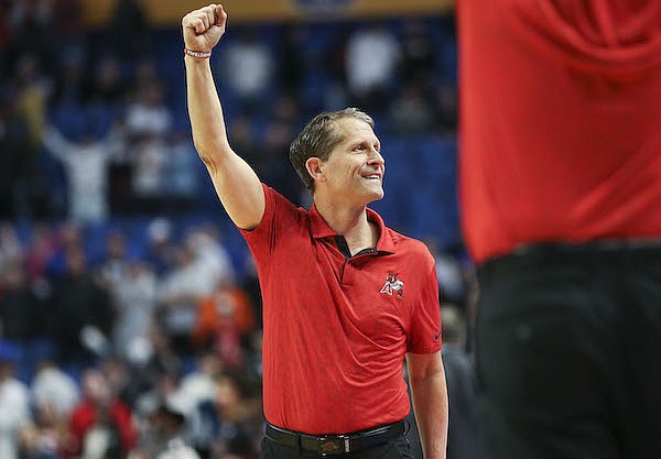 Arkansas coach Eric Musselman reacts, Saturday, March 19, 2022, during the second half of the second round of the 2022 NCAA Division I Men's Basketball Championship at KeyBank Center in Buffalo, N.Y.