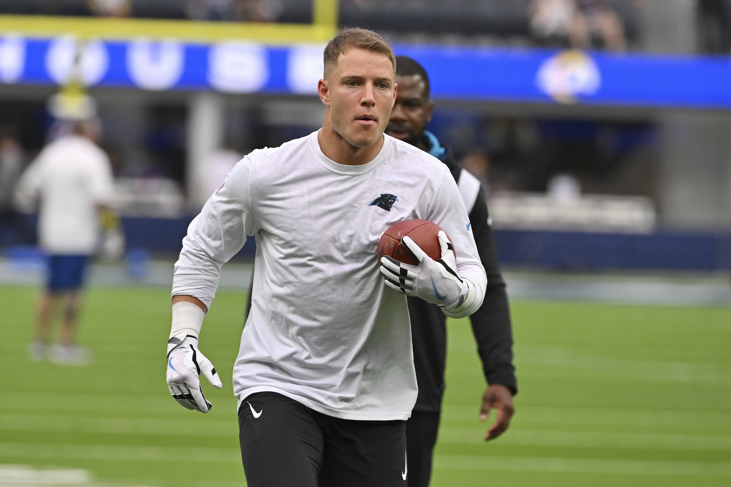 San Francisco 49ers running back Christian McCaffrey warms up