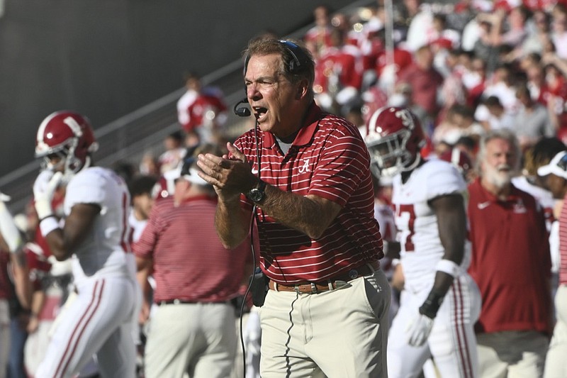 Alabama coach Nick Saban on the sidelines against Arkansas during an NCAA college football game Saturday, Oct. 1, 2022, in Fayetteville, Ark. (AP Photo/Michael Woods)