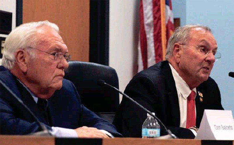 Republican state Rep. Dave Griffith, right, answers a question as Democrat challenger J. Don Salcedo listens Wednesday, Oct. 19, 2022, during a candidate forum at Jefferson City Hall. (Kate Cassady/News Tribune photo)