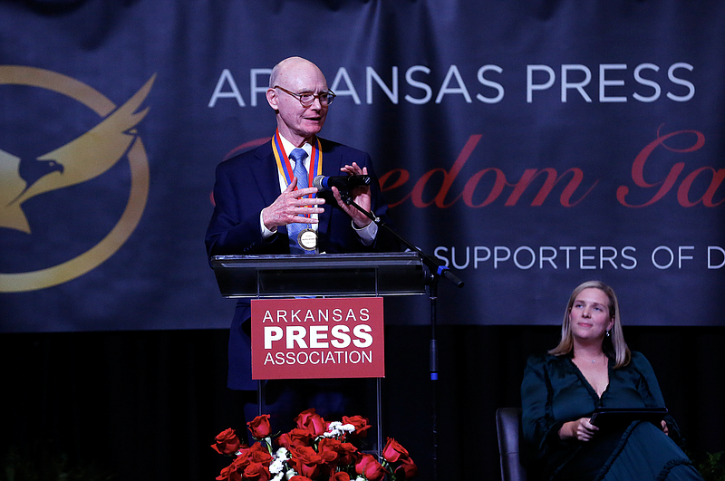 Arkansas Democrat-Gazette publisher Walter E. Hussman, Jr. (left) speaks after being presented the Golden 50 Service Award as his daughter, Democrat-Gazette executive editor, Eliza Hussman Gaines (right) looks on during the Arkansas Press Freedom Gala on Thursday, Oct. 20, 2022, at the Statehouse Convention Center in Little Rock. Hussman announced his retirement at the end of his speech.
(Arkansas Democrat-Gazette/Thomas Metthe)