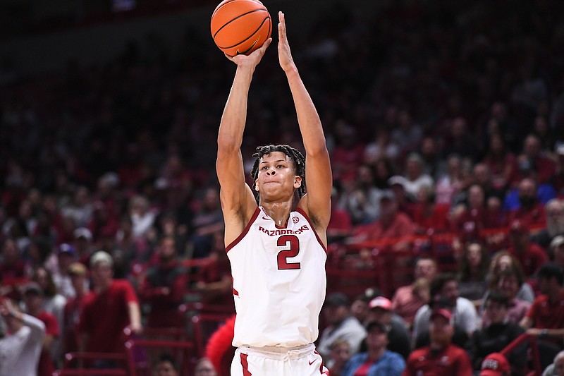 Arkansas forward Trevon Brazile shoots during an exhibition game against Rogers State on Monday, Oct. 24, 2022, in Fayetteville.