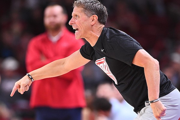 Arkansas coach Eric Musselman is shown during an exhibition game against Rogers State on Monday, Oct. 24, 2022, in Fayetteville.