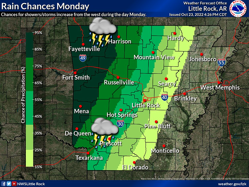 This graphic of the state from the National Weather Service shows the chances of rain and storms in the state on Monday. (National Weather Service/Twitter)