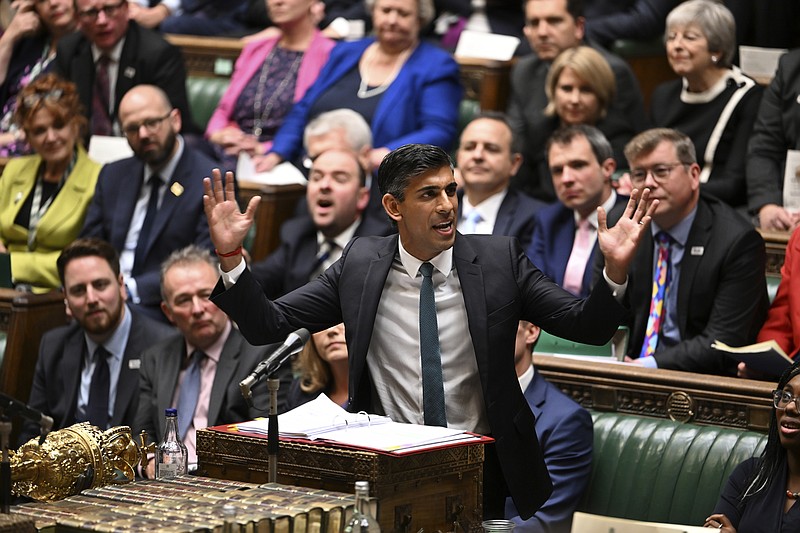 In this handout photo provided by UK Parliament, Britain's Prime Minister Rishi Sunak speaks during Prime Minister's Questions in the House of Commons in London, Wednesday, Oct. 26, 2022. (Jessica Taylor/UK Parliament via AP)