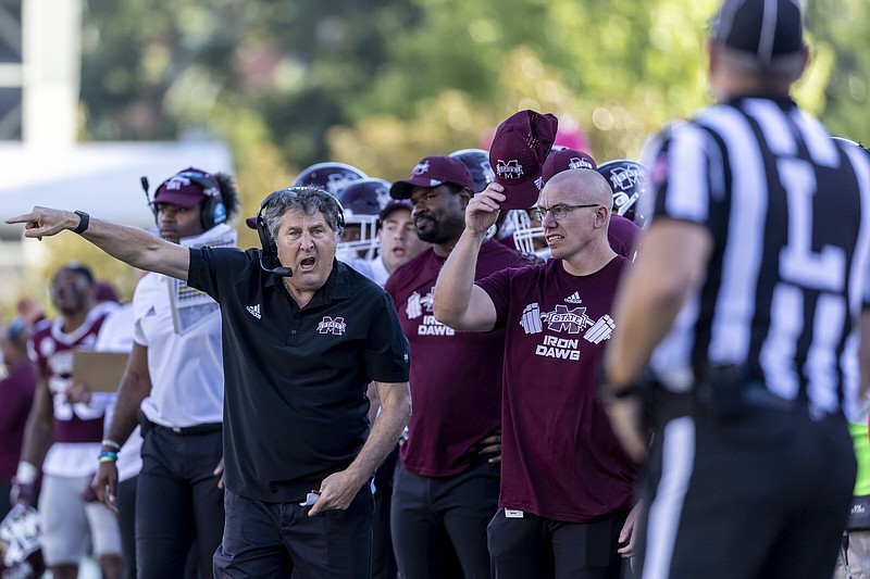Mississippi State head coach Mike Leach argues for a grounding call during an NCAA football game against Texas A&M, Saturday, Oct. 1, 2022, in Starkville, Miss. (AP Photo/Vasha Hunt)