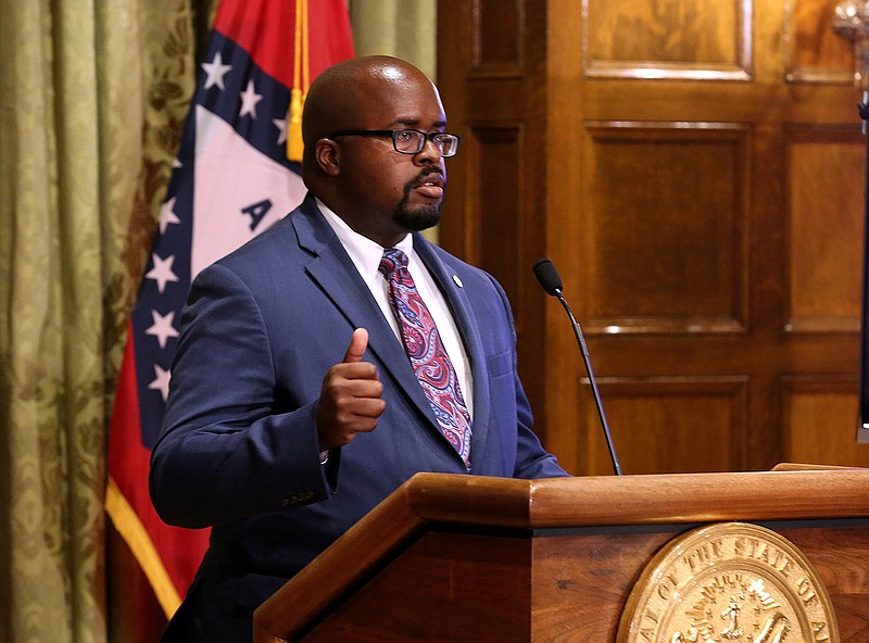 Solomon Graves, secretary of the Arkansas Department of Corrections, talks about Gov. Asa Hutchinson's plan to expand the state's intensive supervision program during a press conference on Tuesday, April 5, 2022, at the state Capitol in Little Rock. (Arkansas Democrat-Gazette/Thomas Metthe)