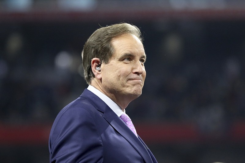 FILE - Announcer Jim Nantz looks on after NFL Super Bowl 53, Feb. 3, 2019, in Atlanta. Nantz will step away from calling the NCAA Men’s Basketball Tournament after next year and will be succeeded by Ian Eagle. CBS Sports confirmed the news Monday, Oct. 24, 2022, after it was first reported by the New York Post. (AP Photo/Gregory Payan, File)