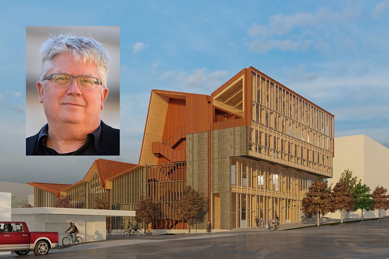 Peter MacKeith (inset), dean of the Fay Jones School of Architecture and Design at the University of Arkansas, Fayetteville, is shown with an exterior rendering of the under-construction Anthony Timberlands Center for Design and Materials Innovation in these November 2021 file photos. (Inset, NWA Democrat-Gazette/Andy Shupe; main, courtesy of Grafton Architects and the University of Arkansas, Fayetteville)