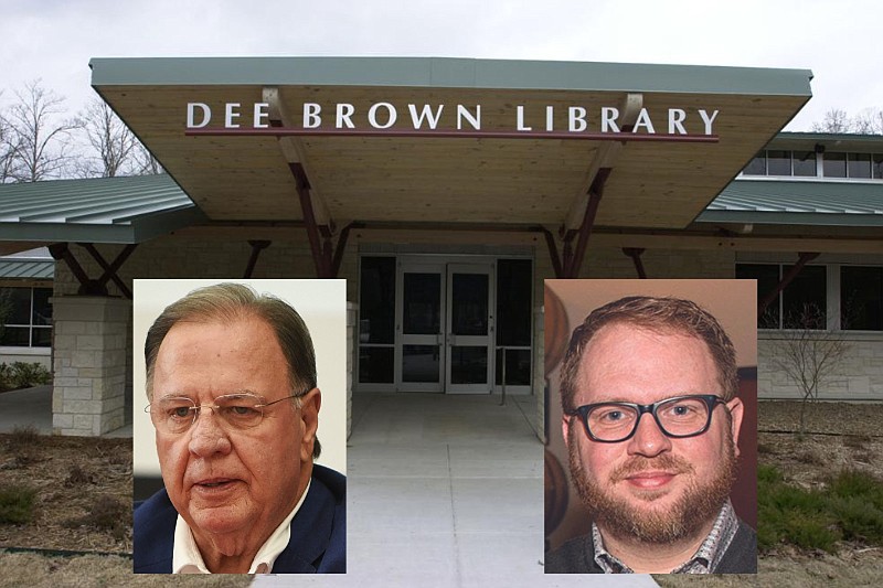 Little Rock mayoral candidates Steve Landers (inset left) and Greg Henderson (inset right) are shown with the Dee Brown Library in Little Rock in this undated combination photo. Landers has released a statement acknowledging, but also disputing, an incident Friday, Oct. 28, 2022 outside the library in which Henderson said he witnessed a Landers supporter reveal a gun to supporters of Little Rock Mayor Frank Scott Jr. (Arkansas Democrat-Gazette file photos)