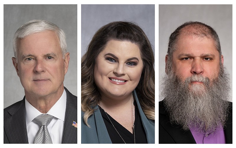 U.S. Rep. Steve Womack (left), a Republican from Rogers, has two challengers in the 2022 general election: Democrat Lauren Mallett-Hays (center) and Libertarian Michael Kalagias. (Courtesy photos)