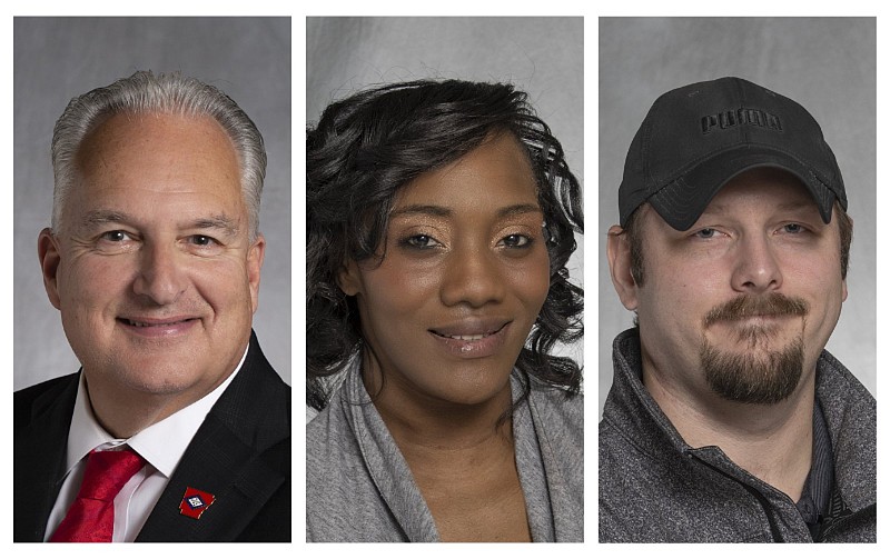 Candidates for the open Arkansas state auditor seat in the 2022 general election are (from left) state Treasurer Dennis Milligan, a Republican; Democrat Diamond Arnold-Johnson; and Libertarian Simeon Snow.