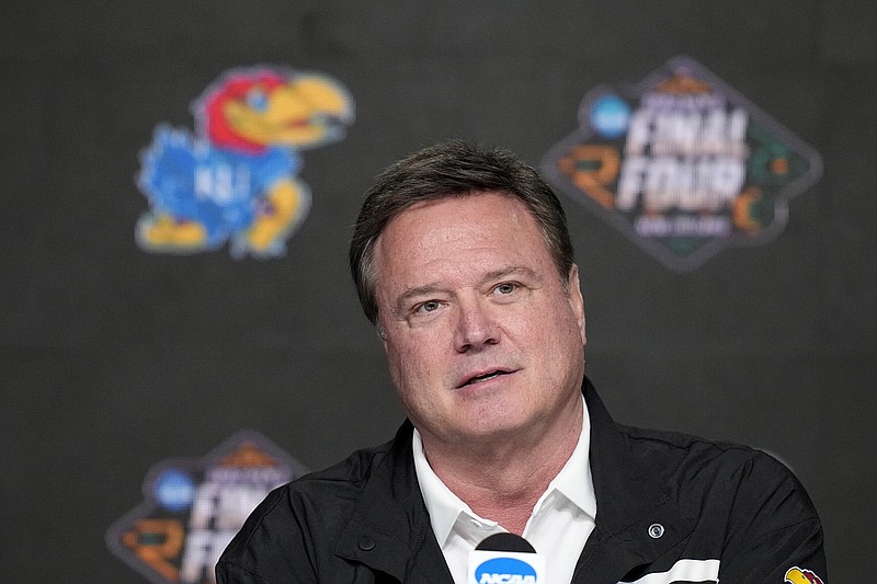 Kansas head coach Bill Self speaks during a press conference for the men's Final Four NCAA college basketball tournament Thursday, March 31, 2022., in New Orleans. Kansas will play Villanova on Saturday. 
(AP Photo/Gerald Herbert)