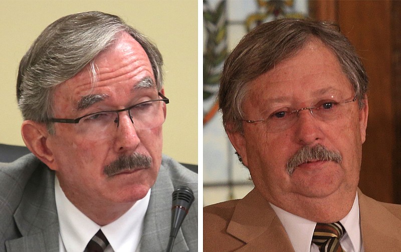 William “Dubs” Byers (left) and Benny Magness, both members of the Arkansas Board of Corrections, are shown in these undated file photos. Magness serves as the board's chairman. (Left, Arkansas Democrat-Gazette/John Sykes Jr.; right, Arkansas Democrat-Gazette/Staton Breidenthal)