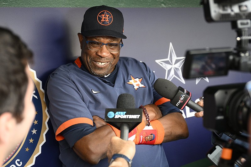 Houston Astros manager Dusty Baker Jr. talks with the media before a baseball game against the Washington Nationals, Friday, May 13, 2022, in Washington. (AP Photo/Nick Wass)
