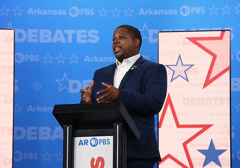 Democratic gubernatorial candidate Chris Jones answers a question during the Arkansas PBS gubernatorial debate on Friday, Oct. 21, 2022, in Conway. (Arkansas Democrat-Gazette/Thomas Metthe)