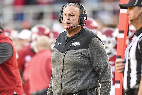 Arkansas coach Sam Pittman is shown during a game against Liberty on Saturday, Nov. 5, 2022, in Fayetteville.