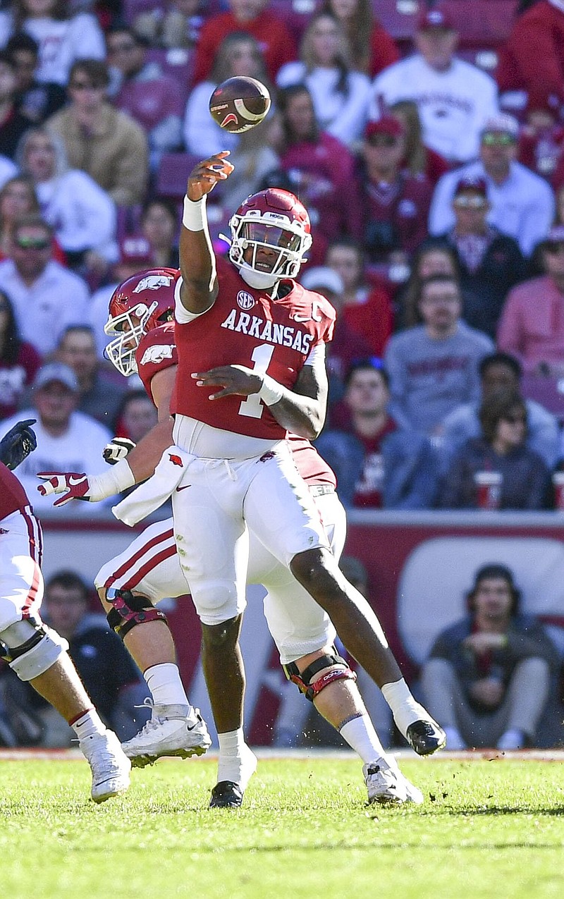 Arkansas quarterback KJ Jefferson (1) passes, Saturday, Nov. 5, 2022, during the first quarter of the Razorbacks’ 21-19 loss to the Liberty Flames at Donald W. Reynolds Razorback Stadium in Fayetteville. Visit nwaonline.com/221106Daily/ for today's photo gallery..(NWA Democrat-Gazette/Hank Layton)