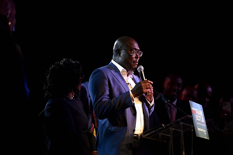 Frank Scott Jr. thanks his family and, volunteers and staff during a speech after winning his reelection bid for Little Rock Mayor during an election night watch party at The Hall in Little Rock on Tuesday, Nov. 8, 2022. 
(Arkansas Democrat-Gazette/Stephen Swofford)