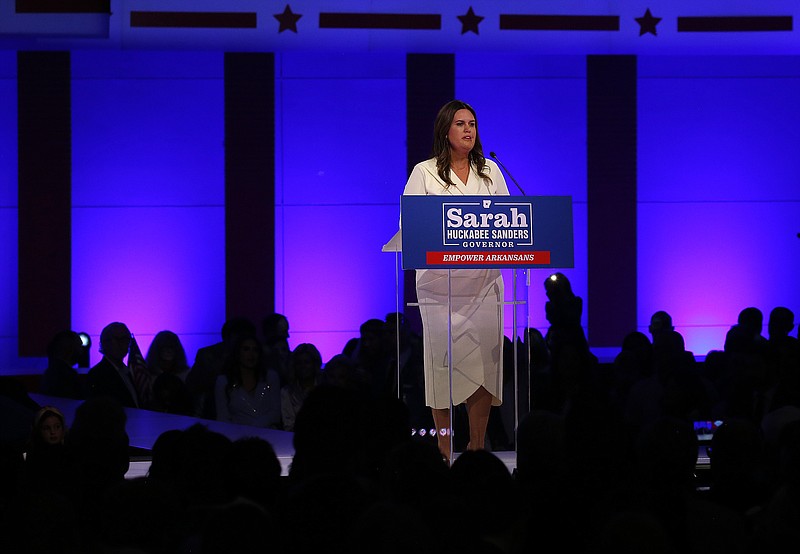 Governor-elect Sarah Huckabee Sanders talks to supporters on Tuesday, Nov. 8, 2022, at the Statehouse Convention Center in Little Rock. .(Arkansas Democrat-Gazette/Thomas Metthe)