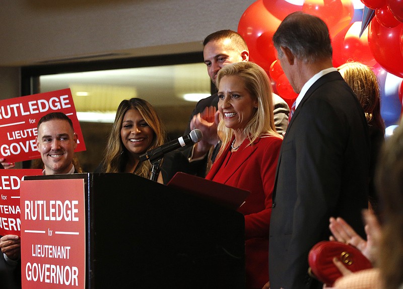 Attorney General Leslie Rutledge talks to supporters after winning the Lt. Governor race on Tuesday, Nov. 8, 2022, at the Little Rock Marriott. .(Arkansas Democrat-Gazette/Thomas Metthe)