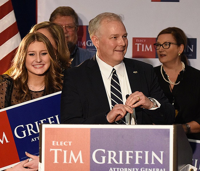 Attorney General-elect Tim Griffin greets his supporters during his election watch party Tuesday night at the Little Rock Marriott Hotel. See more photos at arkansasonline.com/119electionnight..(Arkansas Democrat-Gazette/Staci Vandagriff)