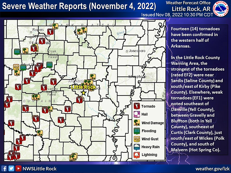 This graphic from the National Weather Service shows a map that highlights where the 14 confirmed tornadoes were seen on Friday's severe weather event. (National Weather Service/Twitter)