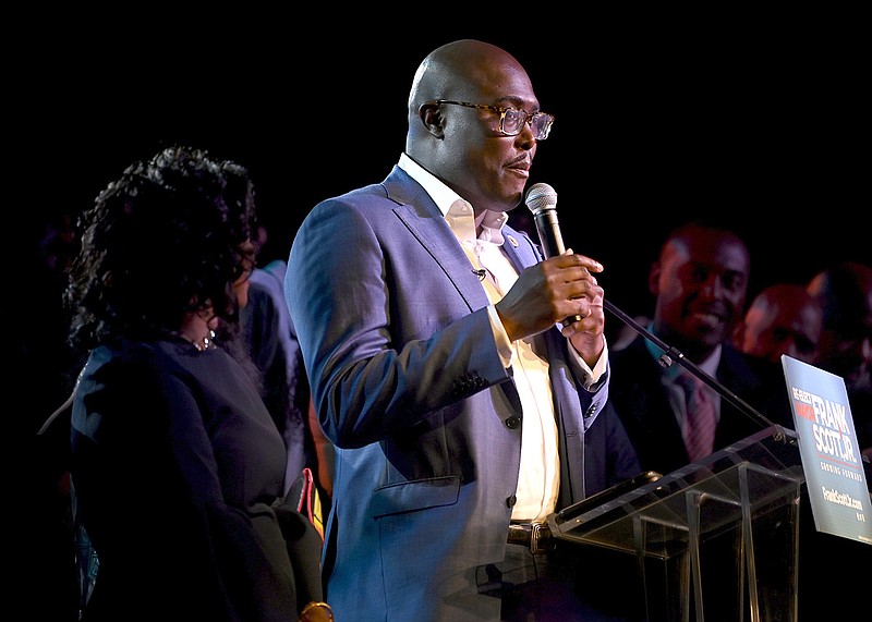 Little Rock Mayor Frank Scott Jr. thanks his family, volunteers and staff during an election night watch party at The Hall in Little Rock on Tuesday after winning reelection.
(Arkansas Democrat-Gazette/Stephen Swofford)