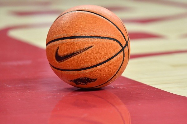 A basketball is shown prior to Arkansas' season opener against North Dakota State on Nov. 7, 2022, at Bud Walton Arena in Fayetteville.