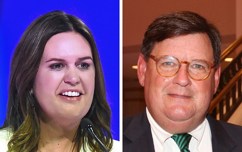 FILE — Arkansas Gov. Sarah Huckabee Sanders (left) and Little Rock attorney Kevin Crass are shown in these file photos taken Nov. 8, 2022, and Sept. 20, 2021, respectively. (Left, AP/Will Newton; right, Arkansas Democrat-Gazette/Rachel O'Neal)