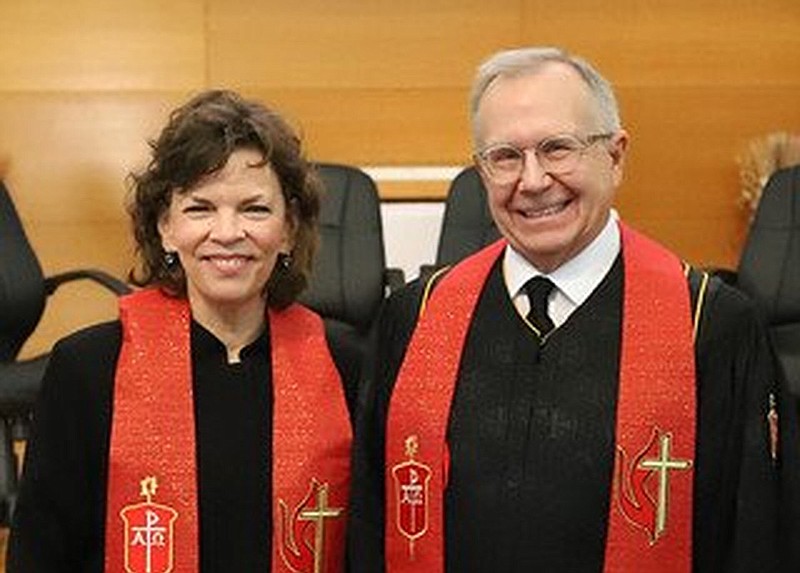 Newly elected United Methodist Bishop Laura Merrill, who will lead the denomination’s Arkansas Conference effective Jan. 1, is pictured with Bishop Gary Mueller, who is retiring Dec. 31 after leading the Arkansas Conference for more than a decade.
(Todd Seifert of the Great Plains Conference)